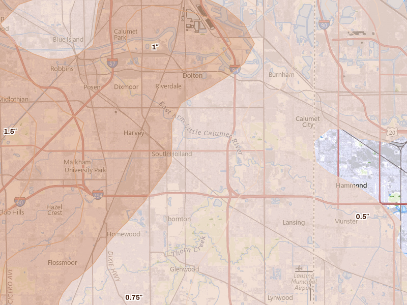 Radar-estimated hail-size map of the storm over South Holland, IL on Jul 27, 2026