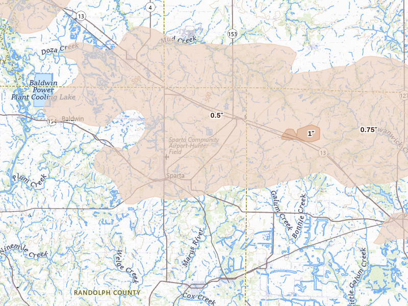 Radar-estimated hail-size map of the storm over Sparta, IL on Apr 27, 2026