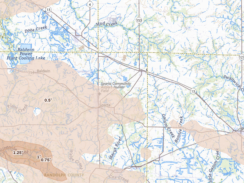Radar-estimated hail-size map of the storm over Sparta, IL on Jul 10, 2026
