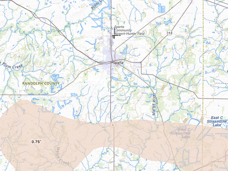 Radar-estimated hail-size map of the storm over Sparta, IL on Aug 12, 2026