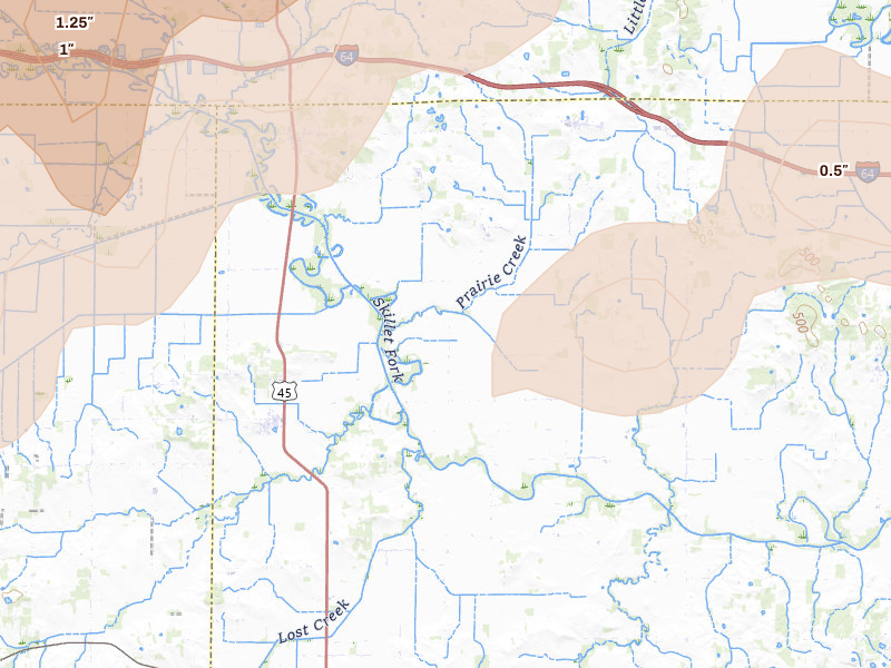 Radar-estimated hail-size map of the storm over Springerton, IL on Apr 27, 2026