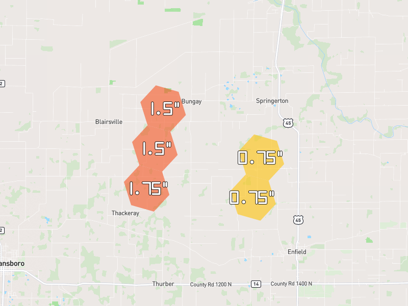 Hail map of Springerton, IL on Jul 26, 2026, hail up to 1.75"