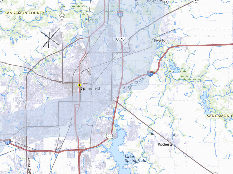 NEXRAD radar-signature map of the hail over Springfield, IL