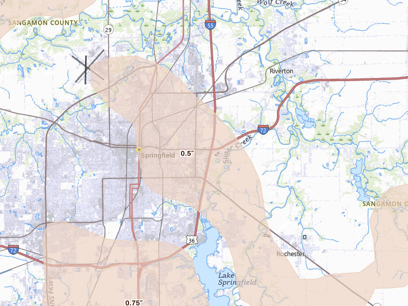Radar-estimated hail-size map of the storm over Springfield, IL on Apr 27, 2026