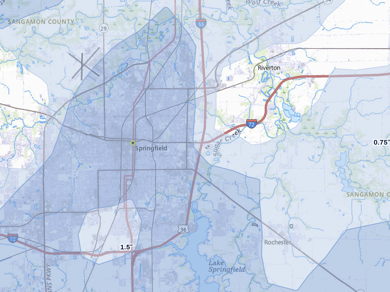 NEXRAD radar-signature map of the hail over Springfield, IL