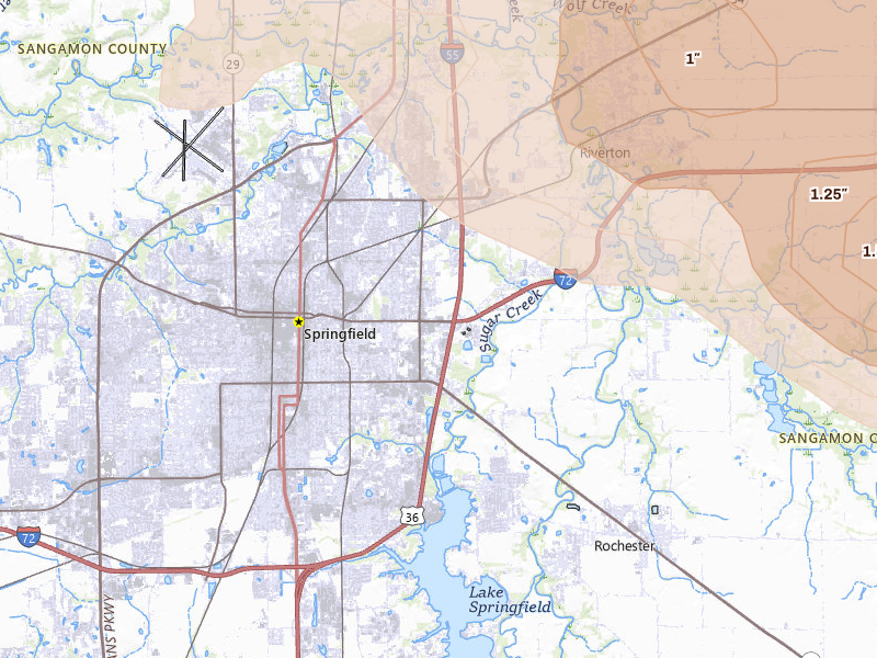 Radar-estimated hail-size map of the storm over Springfield, IL on Jun 17, 2026
