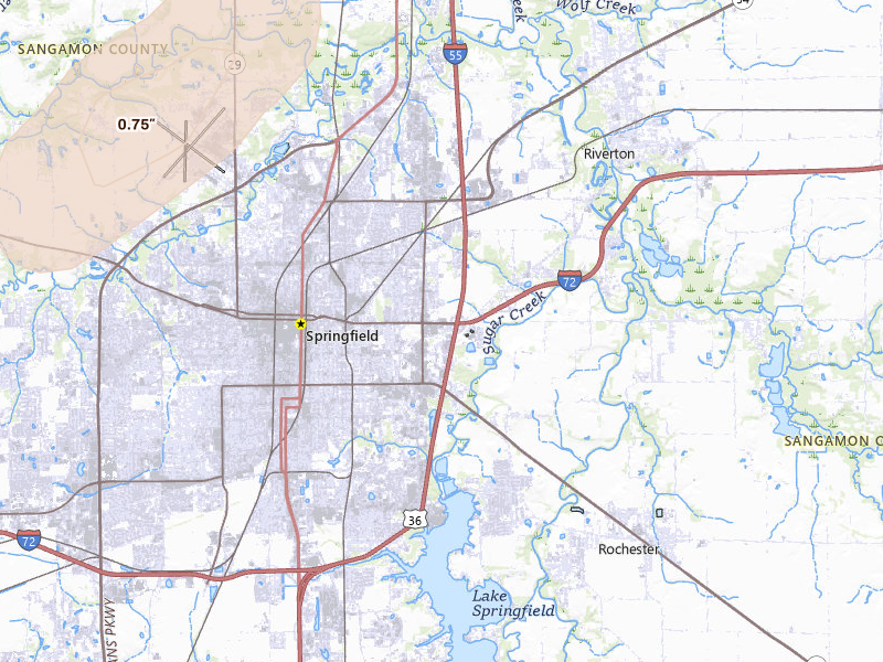 Radar-estimated hail-size map of the storm over Springfield, IL on Jul 3, 2026