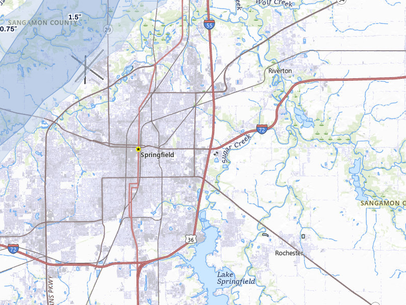 NEXRAD radar-signature map of the hail storm over Springfield, IL on Jul 3, 2026