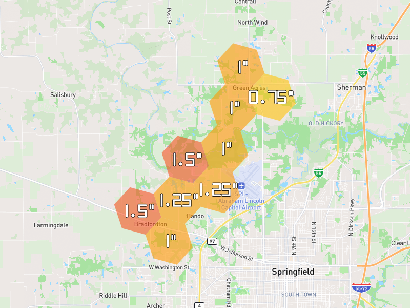 Hail map of Springfield, IL on Jul 4, 2026, hail up to 1.5"