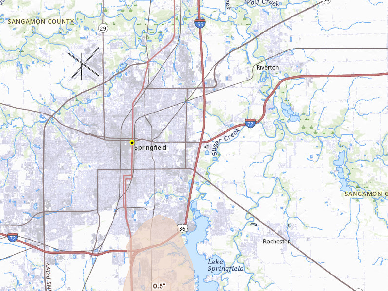 Radar-estimated hail-size map of the storm over Springfield, IL on Jul 9, 2026