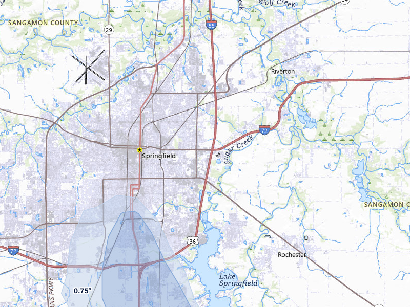 NEXRAD radar-signature map of the hail storm over Springfield, IL on Jul 9, 2026