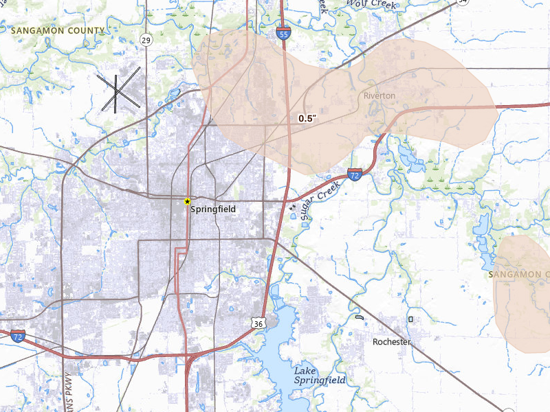 Radar-estimated hail-size map of the storm over Springfield, IL on Jul 18, 2026