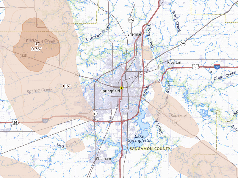 Radar-estimated hail-size map of the storm over Springfield, IL on Aug 21, 2026