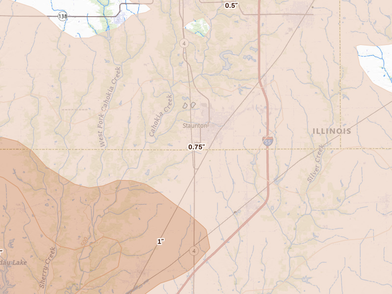 Radar-estimated hail-size map of the storm over Staunton, IL on Apr 27, 2026