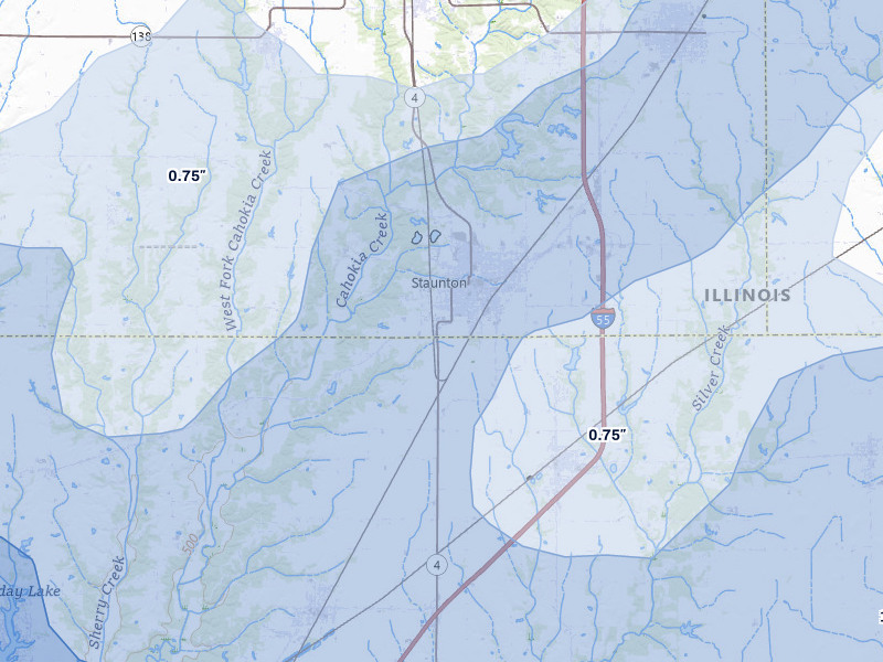 NEXRAD radar-signature map of the hail over Staunton, IL