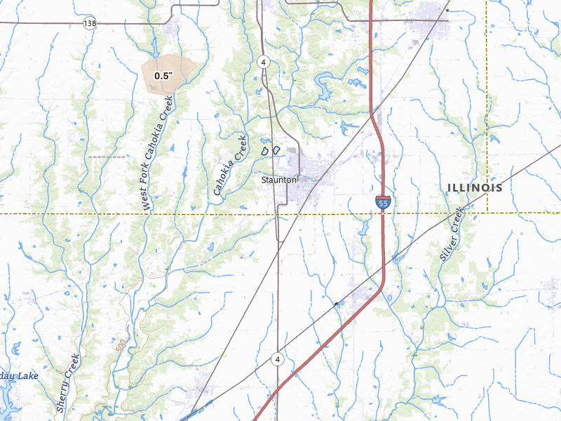 Radar-estimated hail-size map of the storm over Staunton, IL on Jul 4, 2026