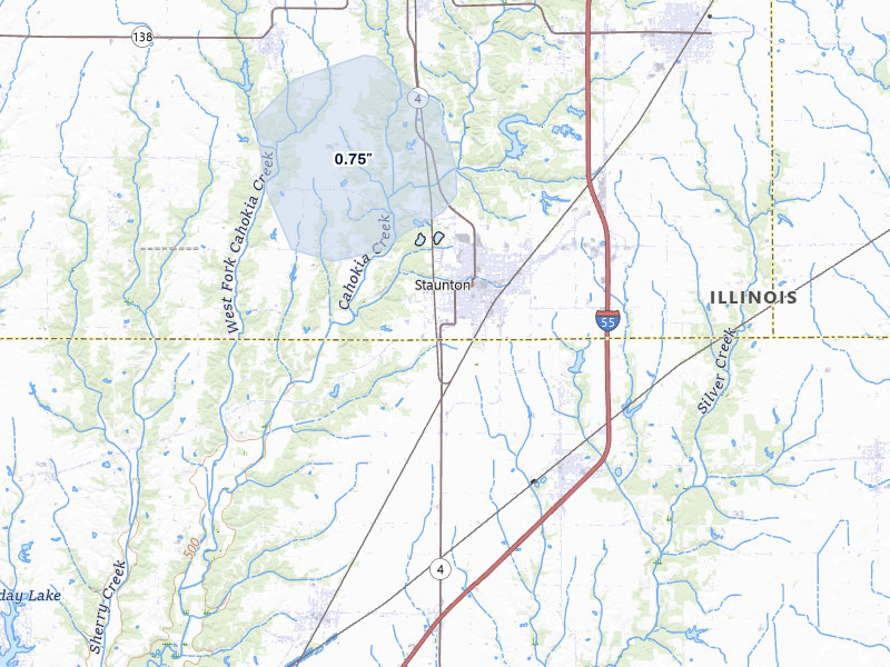 NEXRAD radar-signature map of the hail over Staunton, IL