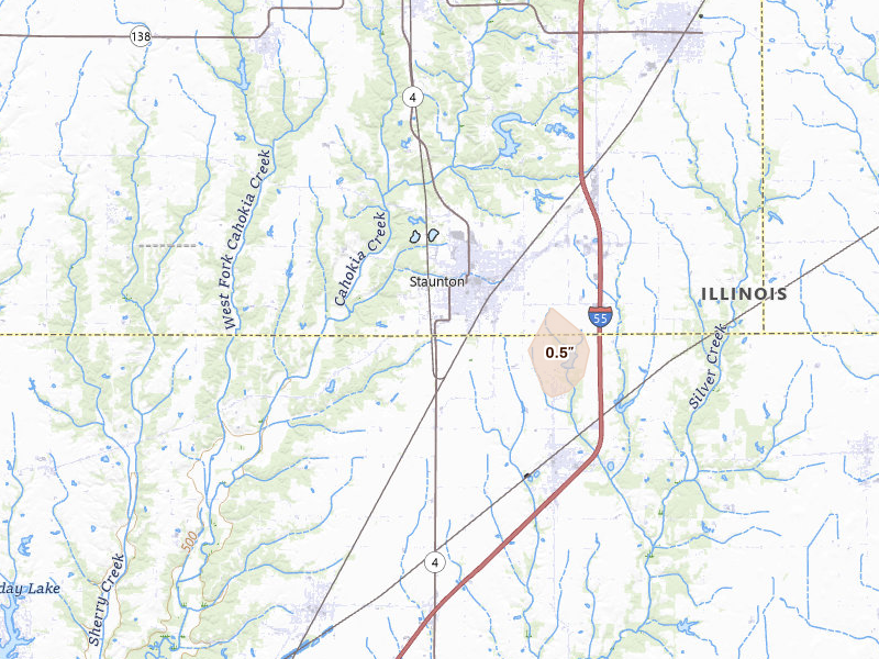 Radar-estimated hail-size map of the storm over Staunton, IL on Aug 12, 2026