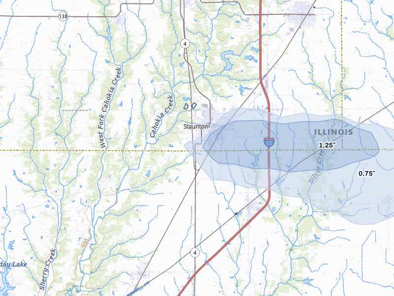 NEXRAD radar-signature map of the hail storm over Staunton, IL on Aug 12, 2026