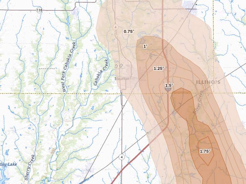 Radar-estimated hail-size map of the storm over Staunton, IL on Aug 21, 2026