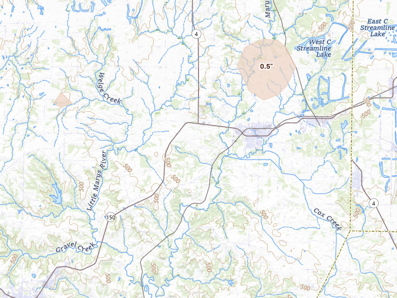 Radar-estimated hail-size map of the storm over Steeleville, IL on Jun 1, 2026