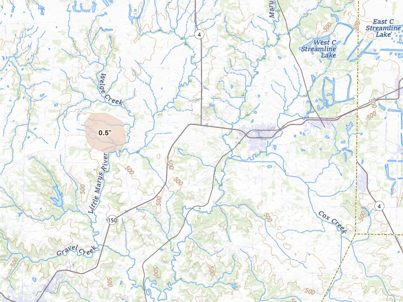 Radar-estimated hail-size map of the storm over Steeleville, IL on Jul 8, 2026