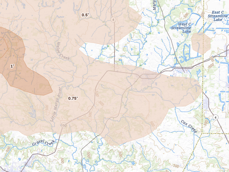 Radar-estimated hail-size map of the storm over Steeleville, IL on Jul 10, 2026