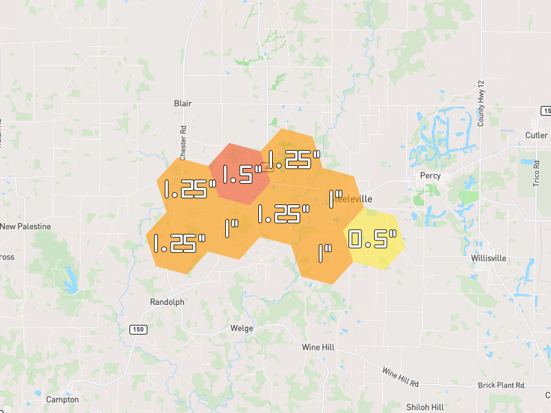 Hail map of Steeleville, IL on Jul 11, 2026, hail up to 1.5"