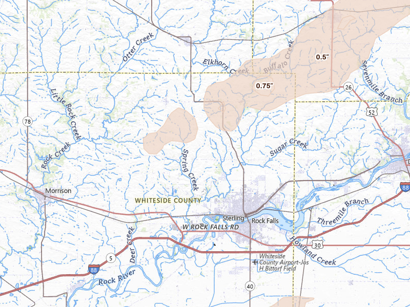 Radar-estimated hail-size map of the storm over Sterling, IL on Mar 31, 2026