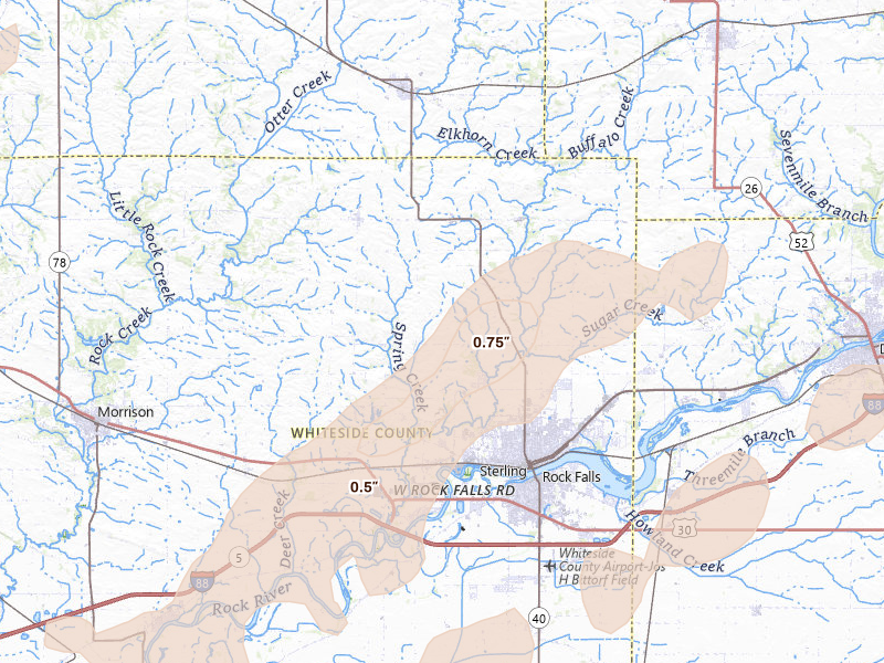 Radar-estimated hail-size map of the storm over Sterling, IL on Apr 2, 2026