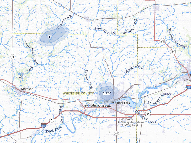 NEXRAD radar-signature map of the hail over Sterling, IL