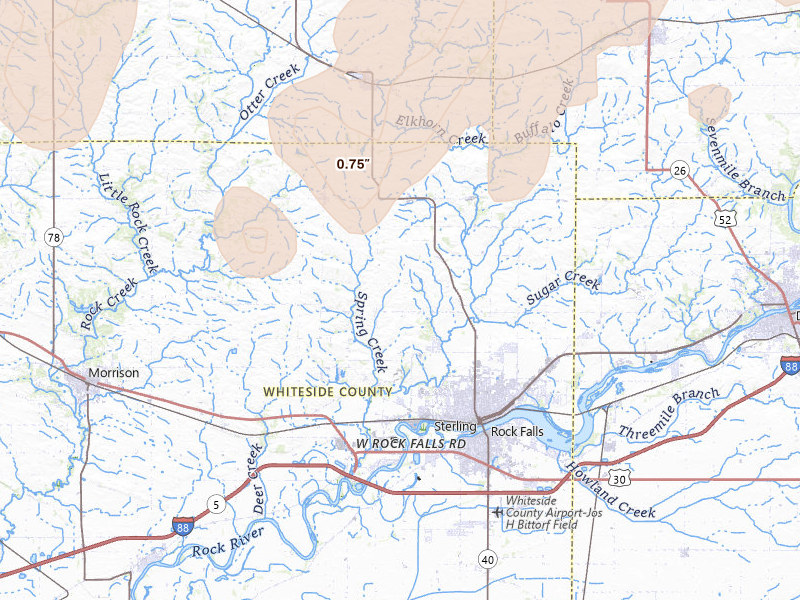 Radar-estimated hail-size map of the storm over Sterling, IL on Jun 10, 2026
