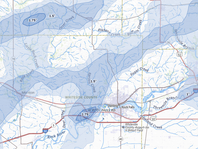 NEXRAD radar-signature map of the hail storm over Sterling, IL on Jul 3, 2026
