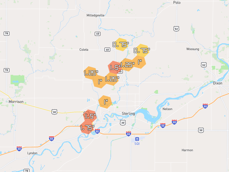 Hail map of Sterling, IL on Jul 4, 2026, hail up to 1.75"