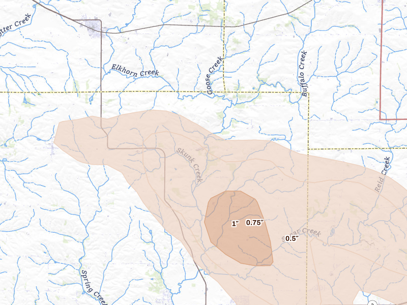 Radar-estimated hail-size map of the storm over Sterling, IL on Aug 21, 2026