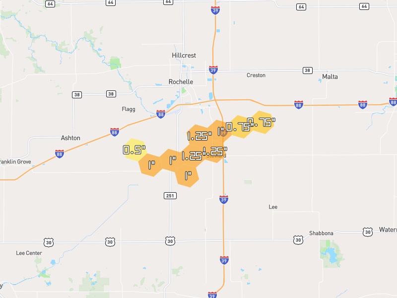Hail map of Steward, IL on Jul 3, 2026, hail up to 1.25"