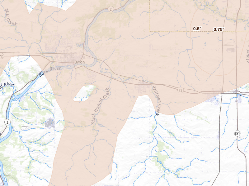 Radar-estimated hail-size map of the storm over Stillman Valley, IL on Jun 10, 2026