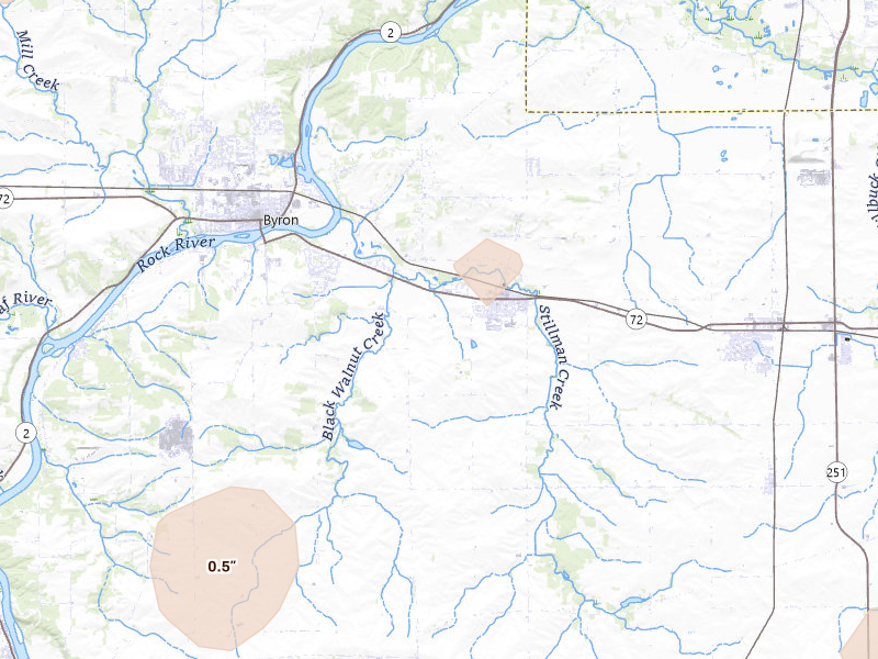 Radar-estimated hail-size map of the storm over Stillman Valley, IL on Jul 3, 2026