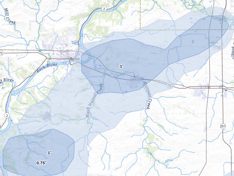 NEXRAD radar-signature map of the hail storm over Stillman Valley, IL on Jul 3, 2026