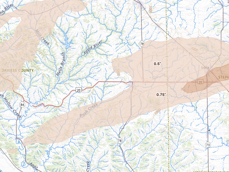 Radar-estimated hail-size map of the storm over Stockton, IL on Mar 10, 2026