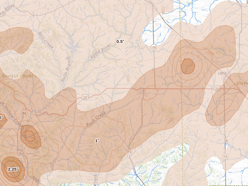 Radar-estimated hail-size map of the storm over Stockton, IL on Apr 17, 2026