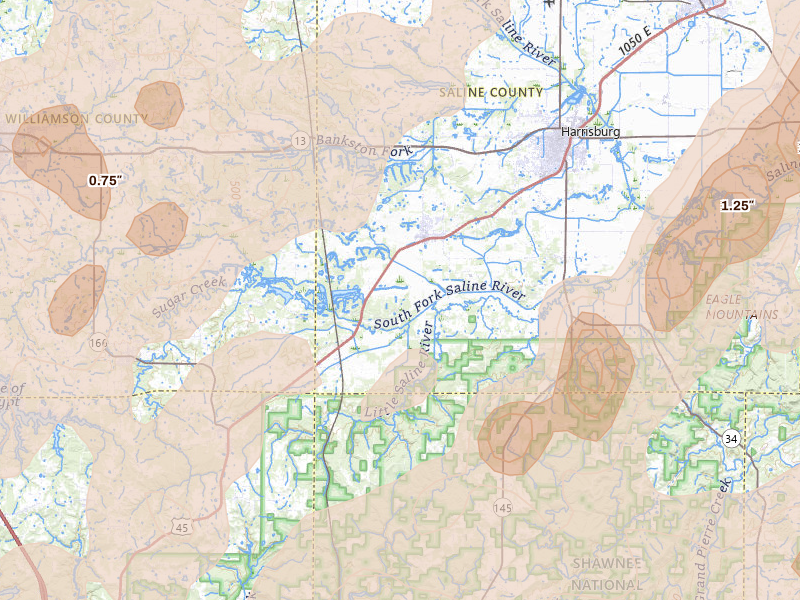 Radar-estimated hail-size map of the storm over Stonefort, IL on Apr 27, 2026