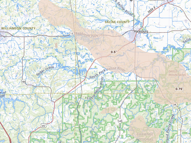 Radar-estimated hail-size map of the storm over Stonefort, IL on Jul 10, 2026