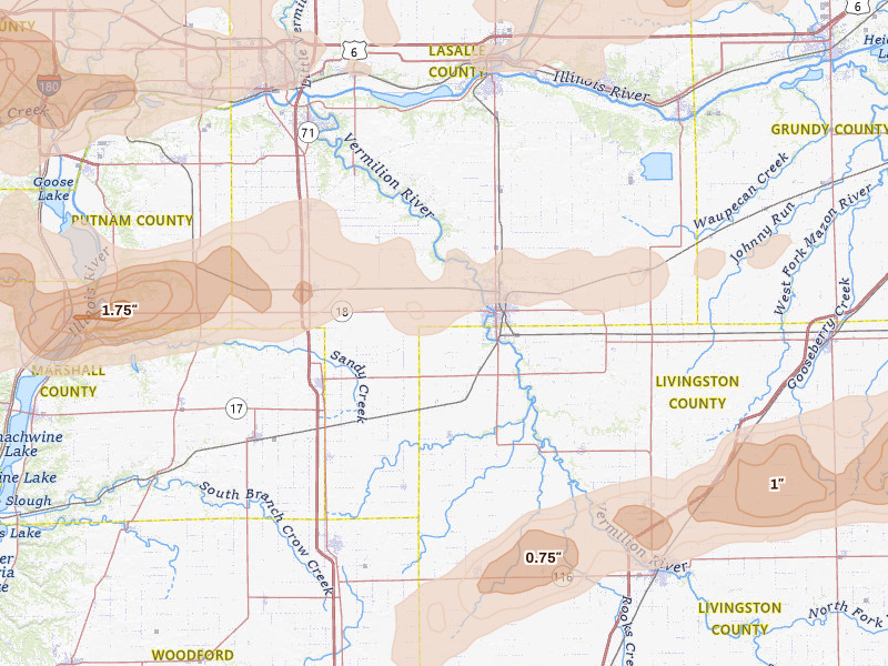 Radar-estimated hail-size map of the storm over Streator, IL on Mar 10, 2026