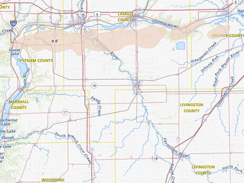 Radar-estimated hail-size map of the storm over Streator, IL on Mar 31, 2026