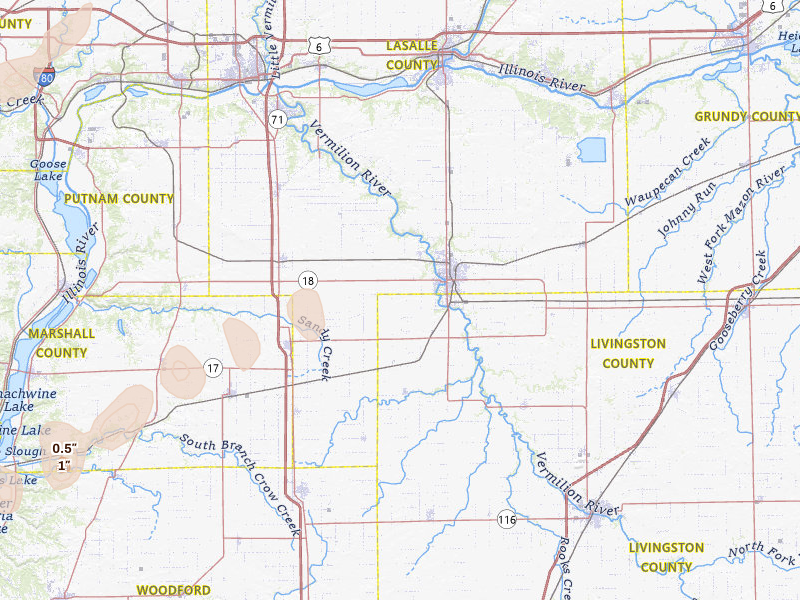 Radar-estimated hail-size map of the storm over Streator, IL on Apr 2, 2026