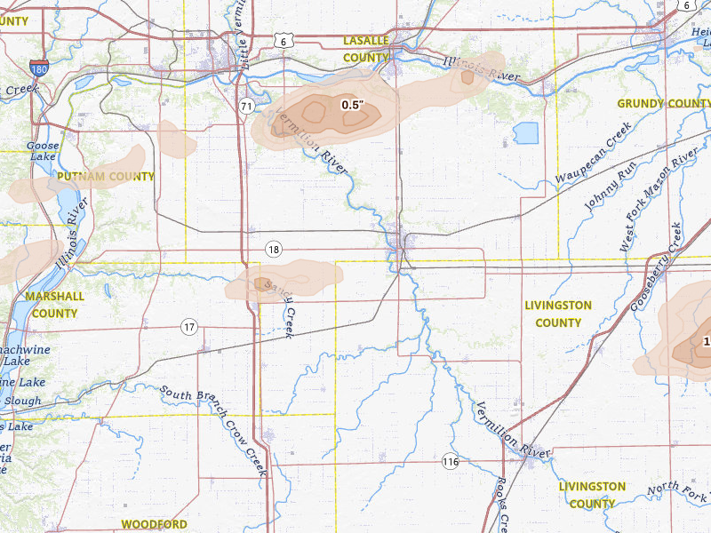 Radar-estimated hail-size map of the storm over Streator, IL on Apr 13, 2026