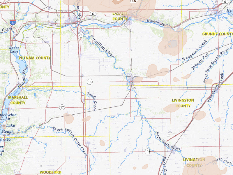 Radar-estimated hail-size map of the storm over Streator, IL on May 4, 2026