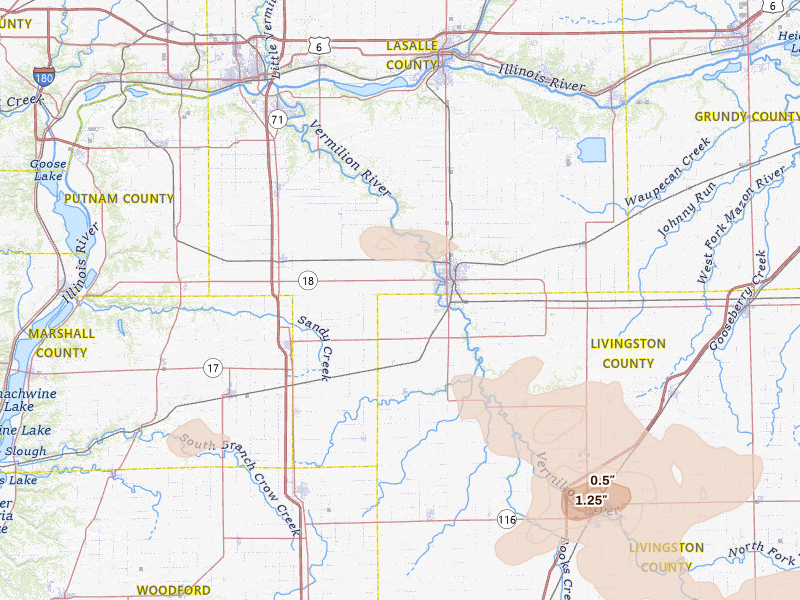 Radar-estimated hail-size map of the storm over Streator, IL on Jun 5, 2026