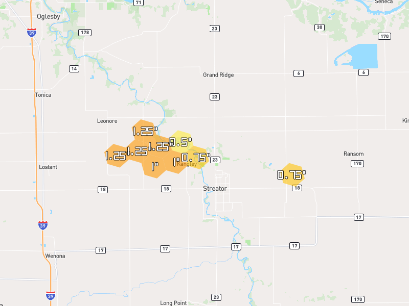 Hail map of Streator, IL on Jun 6, 2026, hail up to 1.25"